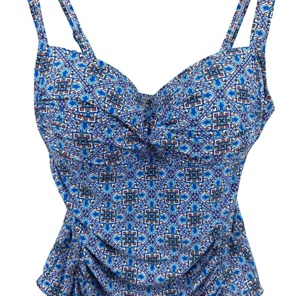 Niptuck Swim One Piece Swimsuit Women 10 Blue Geometric Ruched Tummy Control Cup